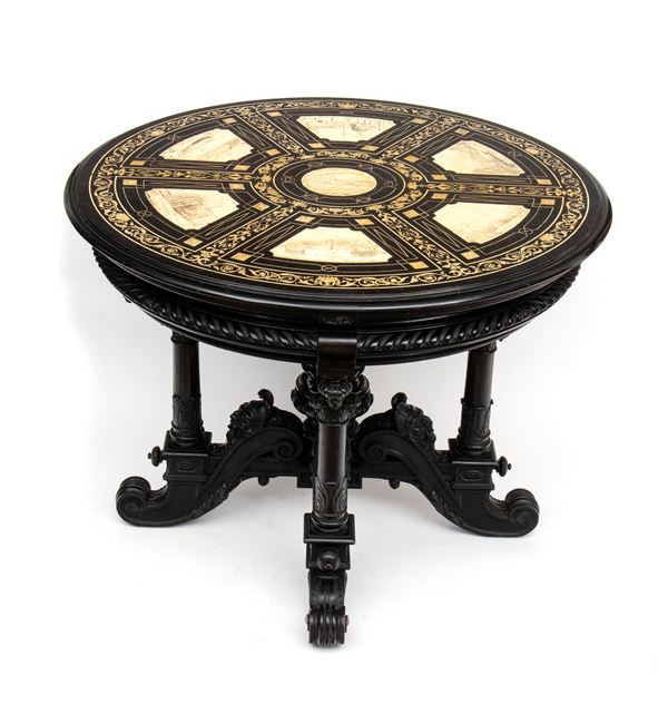 Tavolo  e coppia di sedie con placche in avorio intarsiato