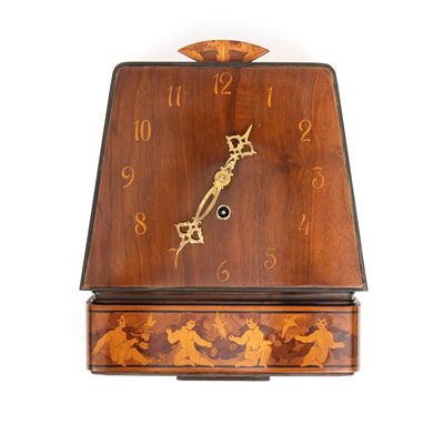 Orologio da parete Art Decò, legno di noce con intarsio figurativo