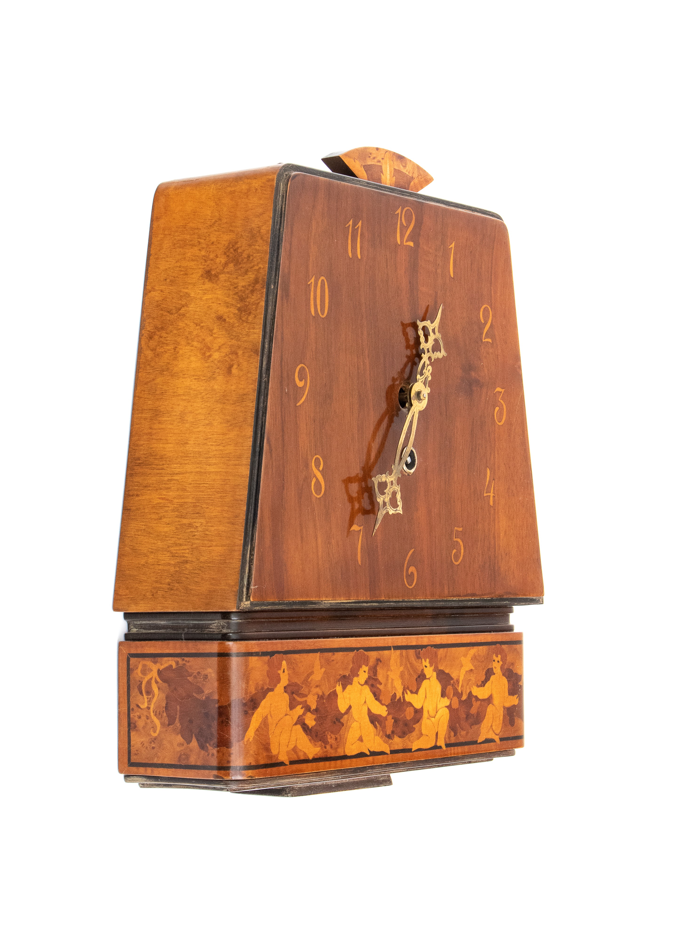 Orologio da parete Art Decò, legno di noce con intarsio figurativo