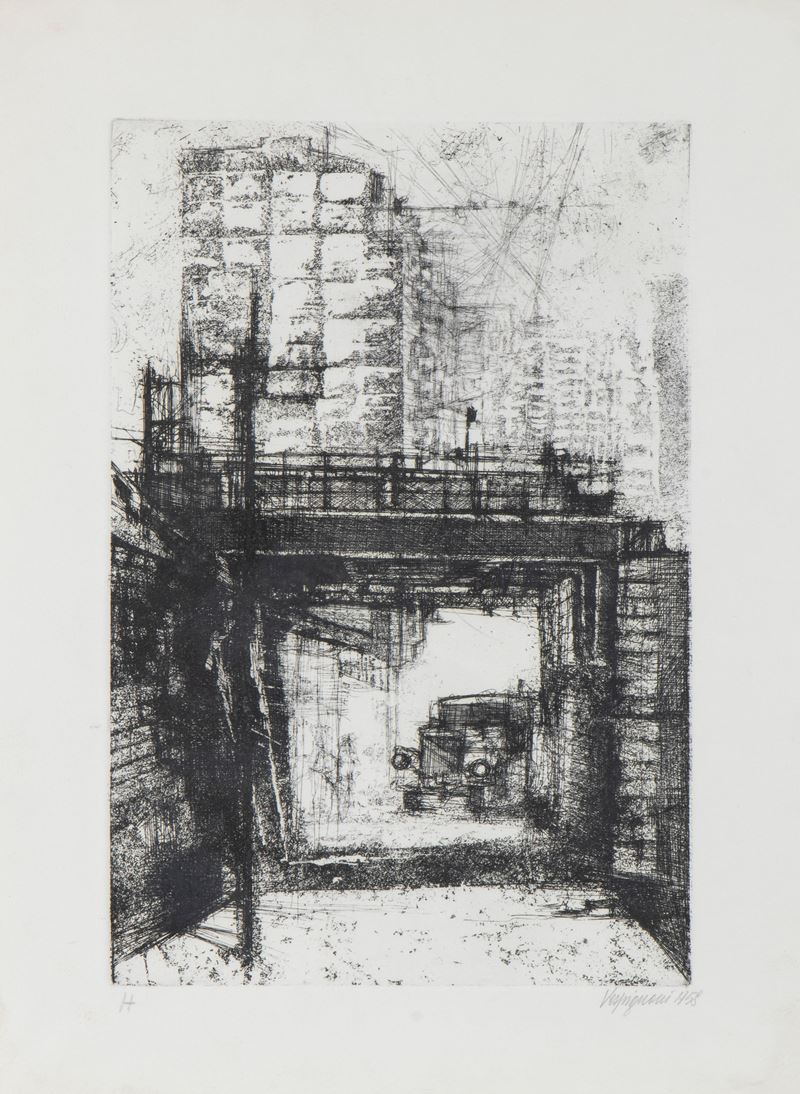 Renzo Vespignani - Senza titolo, acquaforte, 1958