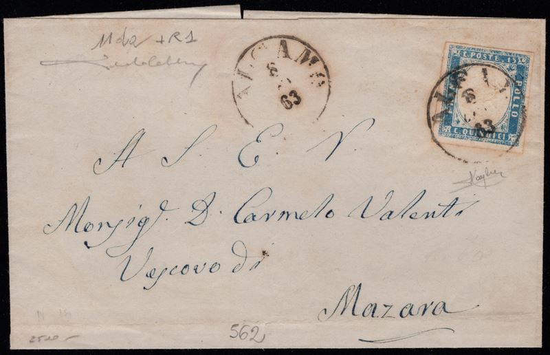 Sicilia, Lettera da Alcamo per Mazara affrancata con 15 cent. 'Tipo Sardegna' celeste latteo grig...