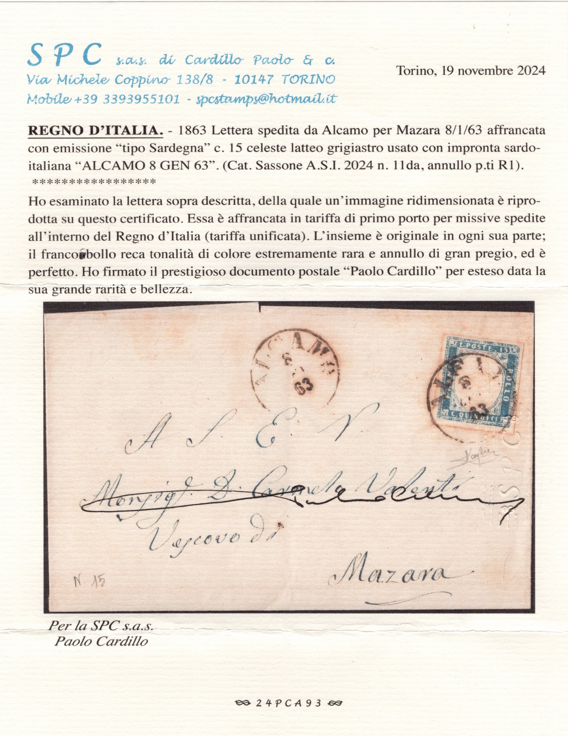 Sicilia, Lettera da Alcamo per Mazara affrancata con 15 cent. 'Tipo Sardegna' celeste latteo grig...