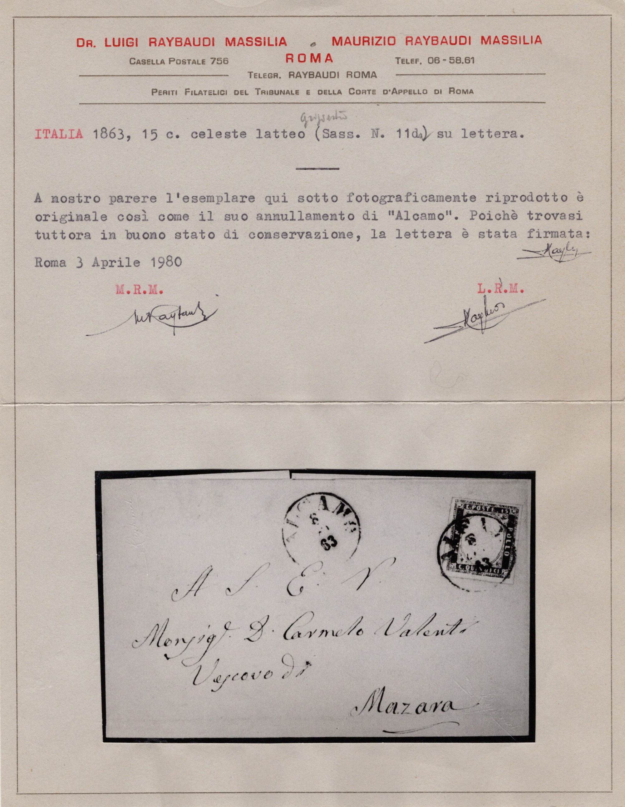 Sicilia, Lettera da Alcamo per Mazara affrancata con 15 cent. 'Tipo Sardegna' celeste latteo grig...
