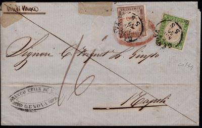 Sardegna, Storia Postale, Lettera affrancata con francobolli 5 cent. verde giallo n.13Ad e 10 cen...