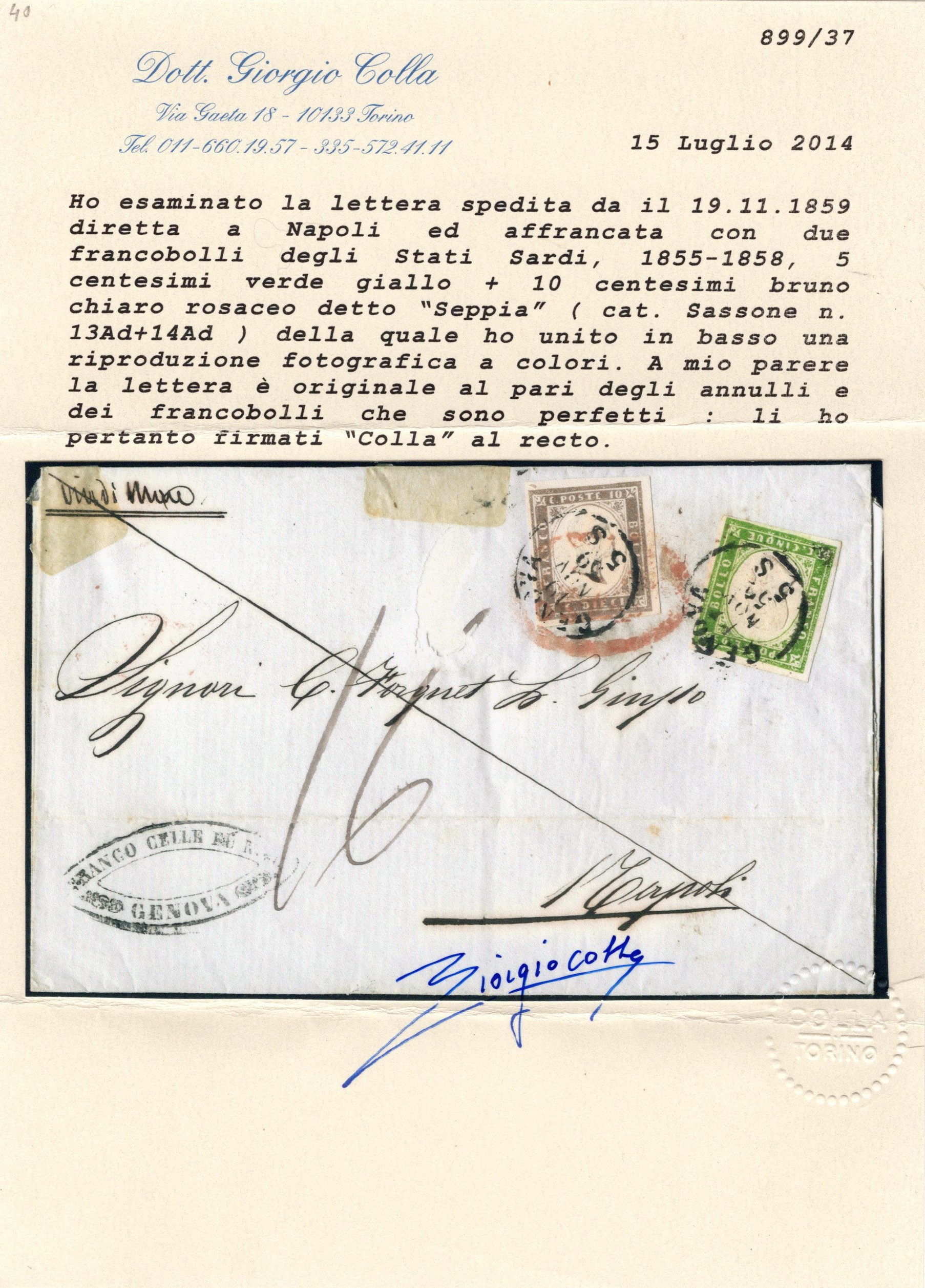 Sardegna, Storia Postale, Lettera affrancata con francobolli 5 cent. verde giallo n.13Ad e 10 cen...
