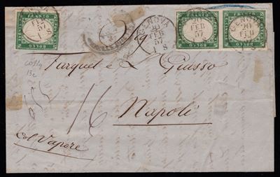 Sardegna, 1857 - Lettera spedita da Genova per Napoli affrancata con tre esemplari del 5 cent. Ve...