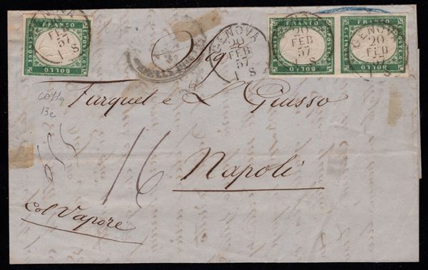 Sardegna - Storia Postale, 5 cent. Verde Smeraldo Giallastro, tre esemplari.