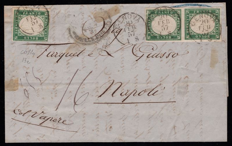 Sardegna, 1857 - Lettera spedita da Genova per Napoli affrancata con tre esemplari del 5 cent. Ve...