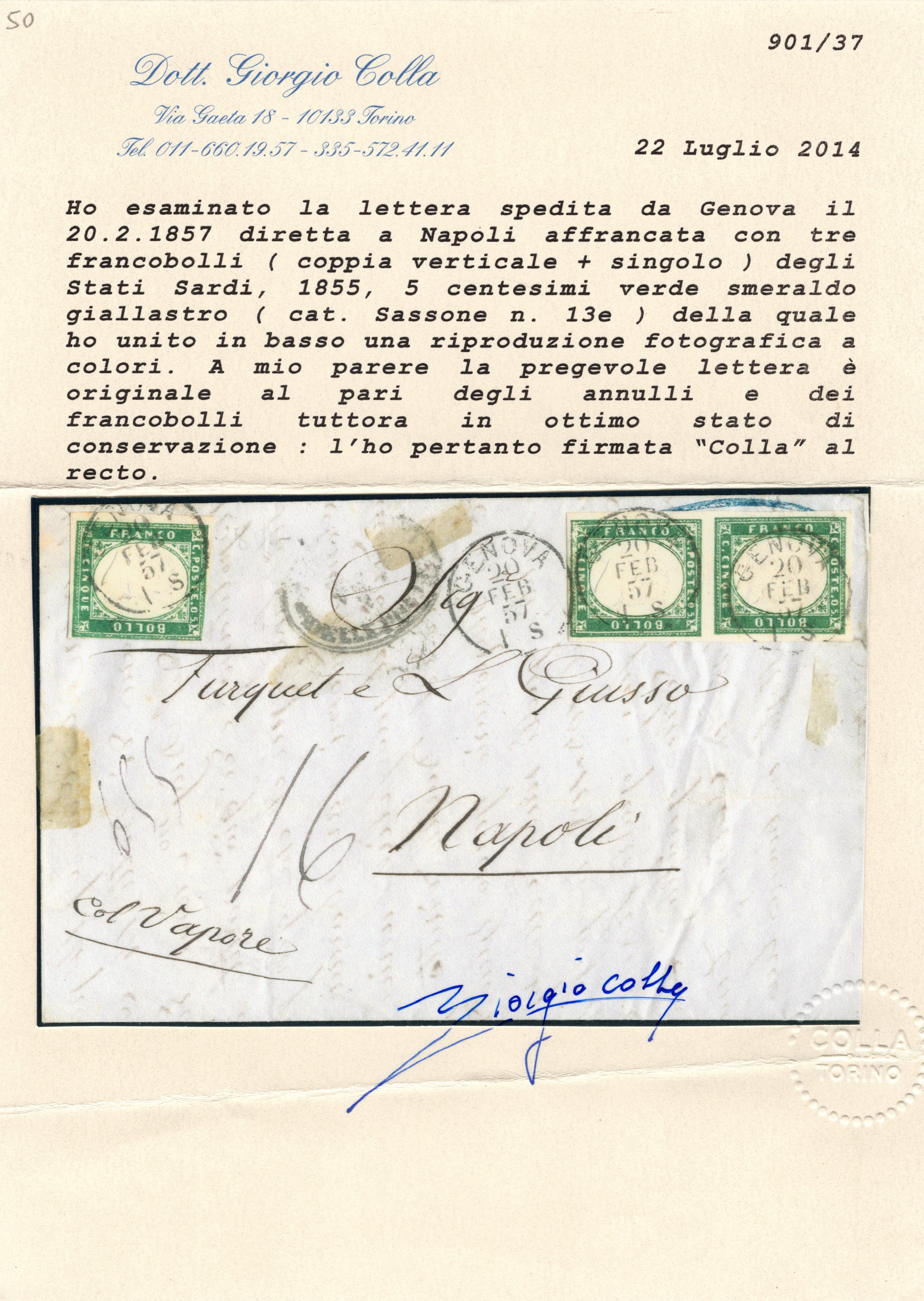 Sardegna, 1857 - Lettera spedita da Genova per Napoli affrancata con tre esemplari del 5 cent. Ve...