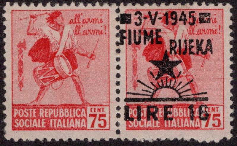 Fiume, Occupazione Jugoslava, 1945, n.21 in coppia con uno esemplare senza soprastampa, nuova con...