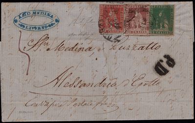 Lettera da Livorno ad Alessandria D'Egitto con affrancatura di 65 crazie (1853)