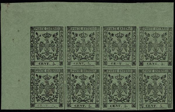 Modena - 5 cent. verde oliva in blocco di 8 MNH.