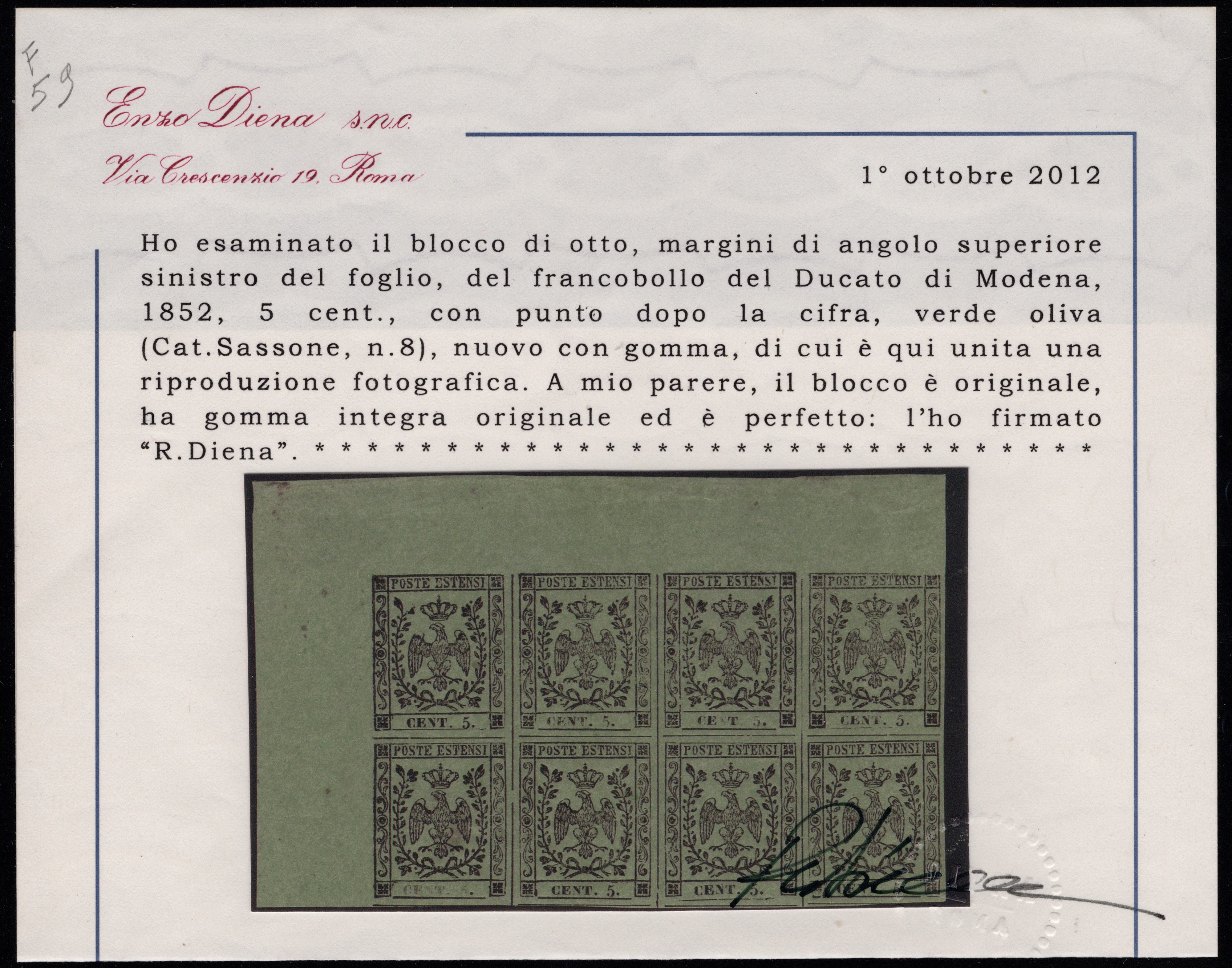 Modena - 5 cent. verde oliva in blocco di 8 MNH.