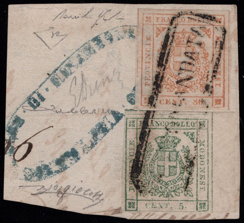Modena, 1859 - Gov. Provvisorio, 80 cent. bistro arancio n.18 e 5 cent. verde n.12, usati con ann...