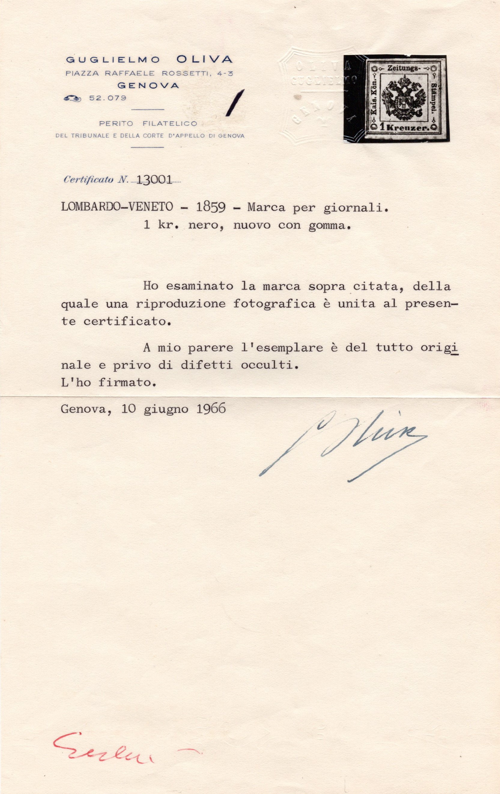 Lombardo Veneto - Segnatasse per Giornali, 1Kr. nero nuovo con gomma