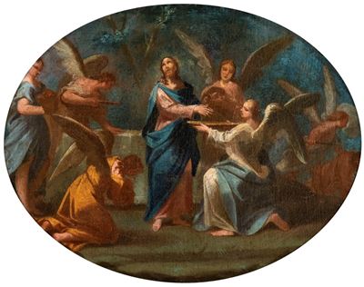Cristo a mensa con gli angeli, olio su tela