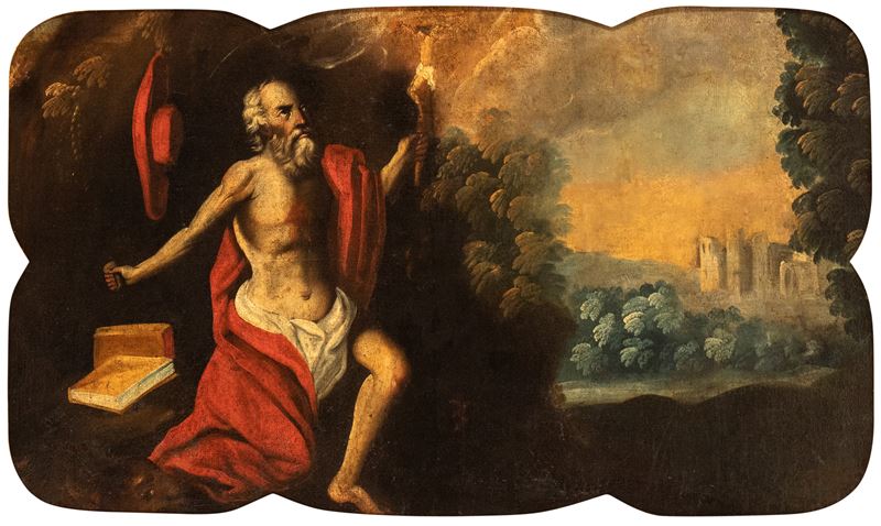Artista Fiammingo, XVII Secolo - Autore non identificato, San Girolamo nel deserto, olio su tela