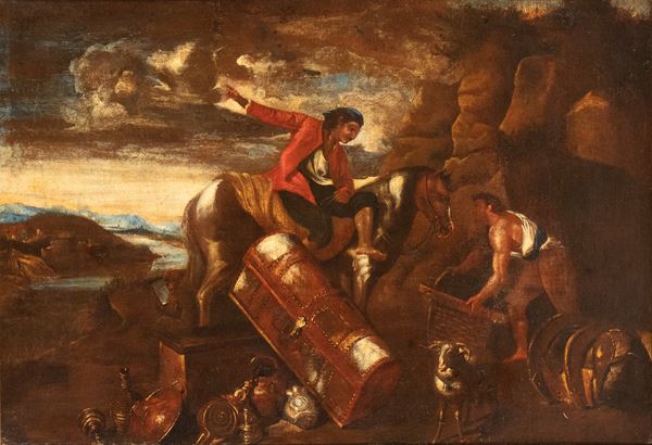 Artista attivo a Genova, seconda met&#224; XVII secolo - Landscape with bandits and loot