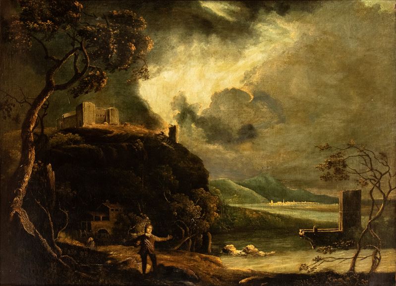 Richard Wilson - Paesaggio con viandante, ponte rotto, fortezza, fiume e città sullo sfondo, olio...