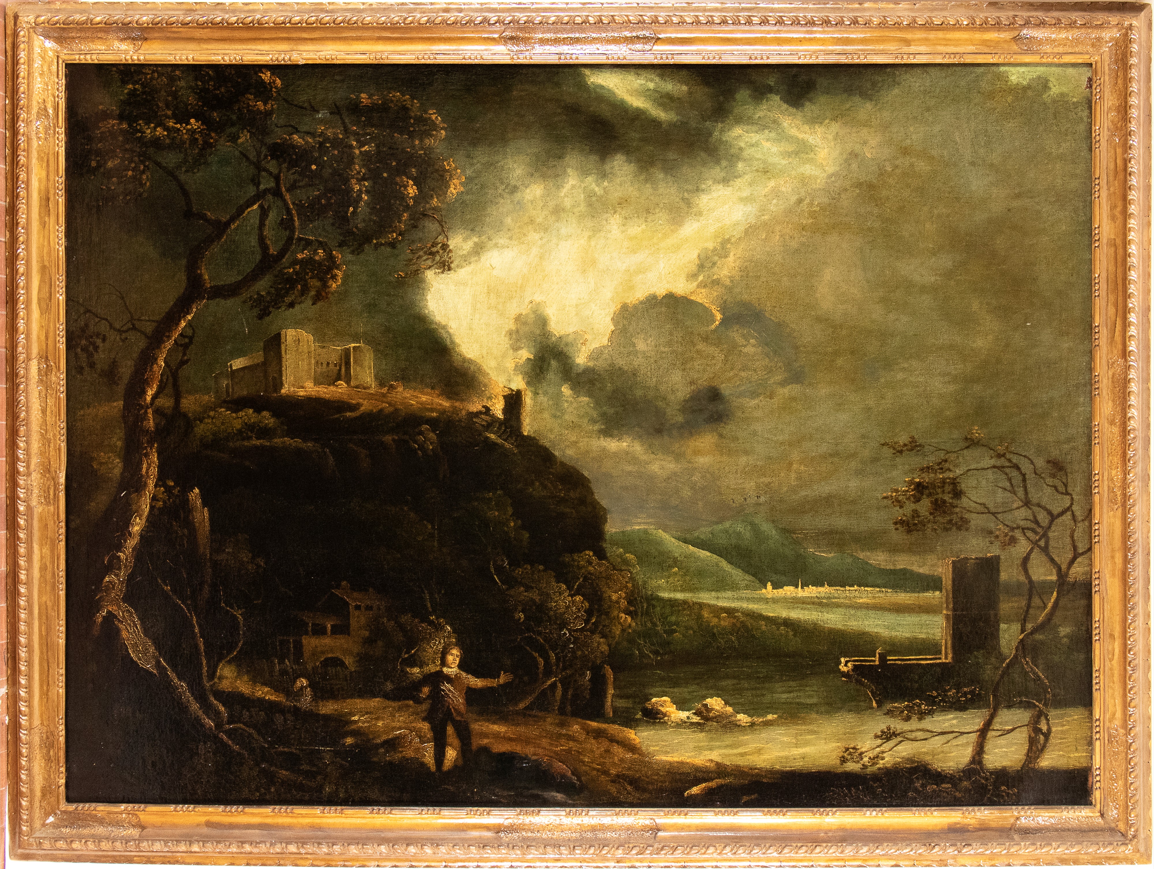 Richard Wilson - Paesaggio con viandante, ponte rotto, fortezza, fiume e città sullo sfondo, olio...