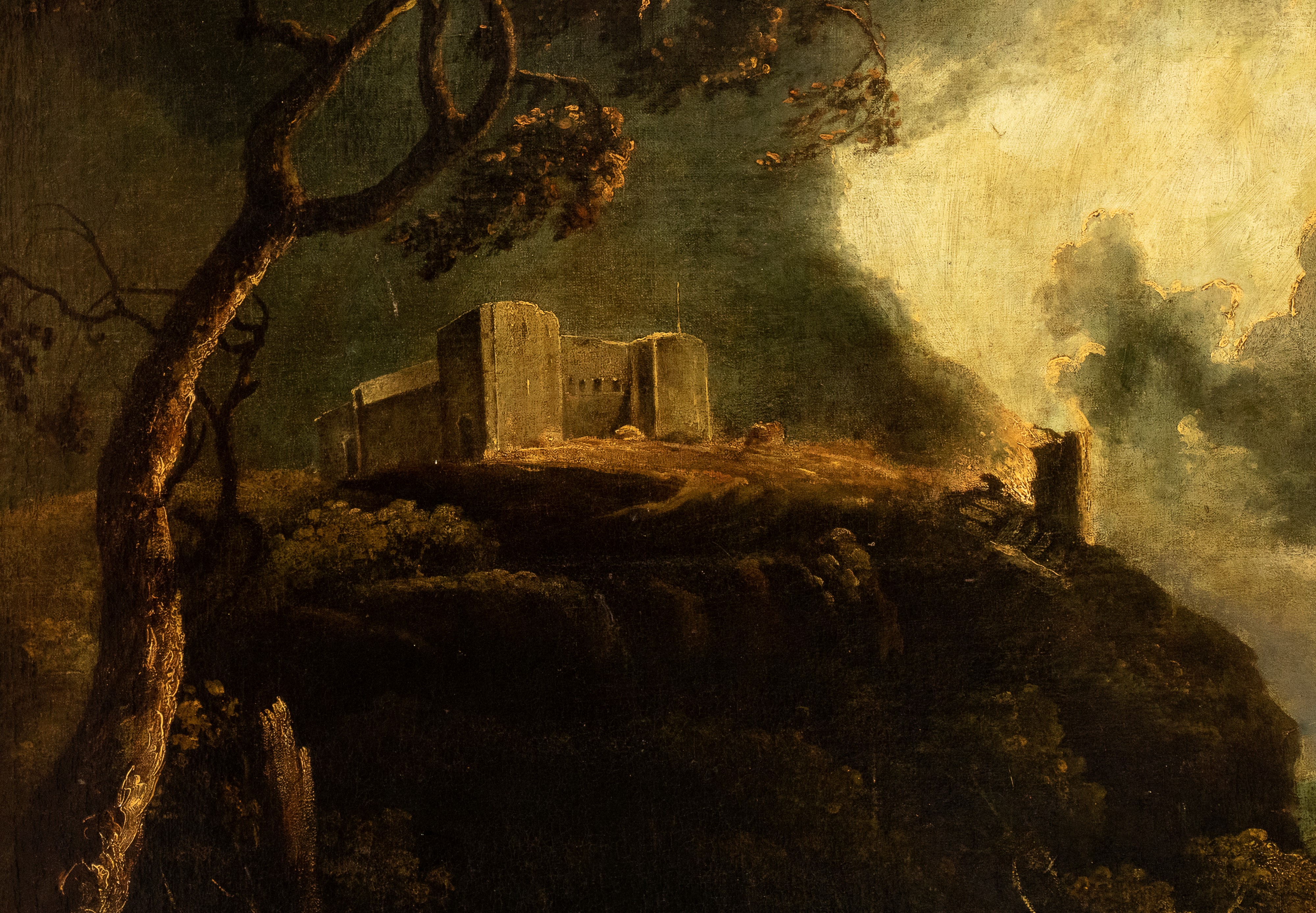 Richard Wilson - Paesaggio con viandante, ponte rotto, fortezza, fiume e città sullo sfondo, olio...