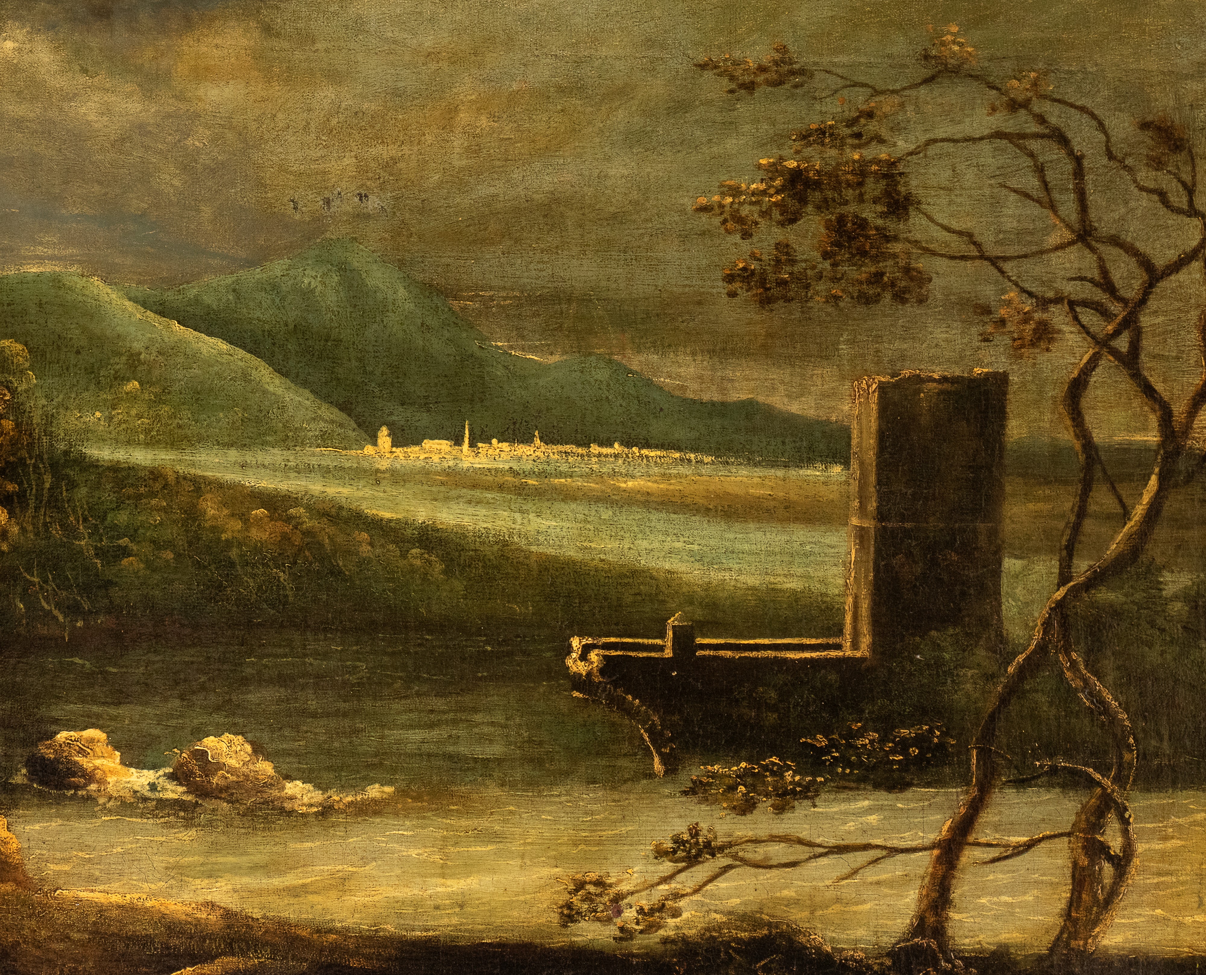 Richard Wilson - Paesaggio con viandante, ponte rotto, fortezza, fiume e città sullo sfondo, olio...