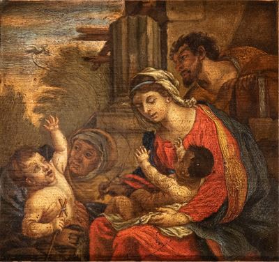 Sacra Famiglia con San Giovannino e Santa Elisabetta, olio su tavola, cm. 19x20