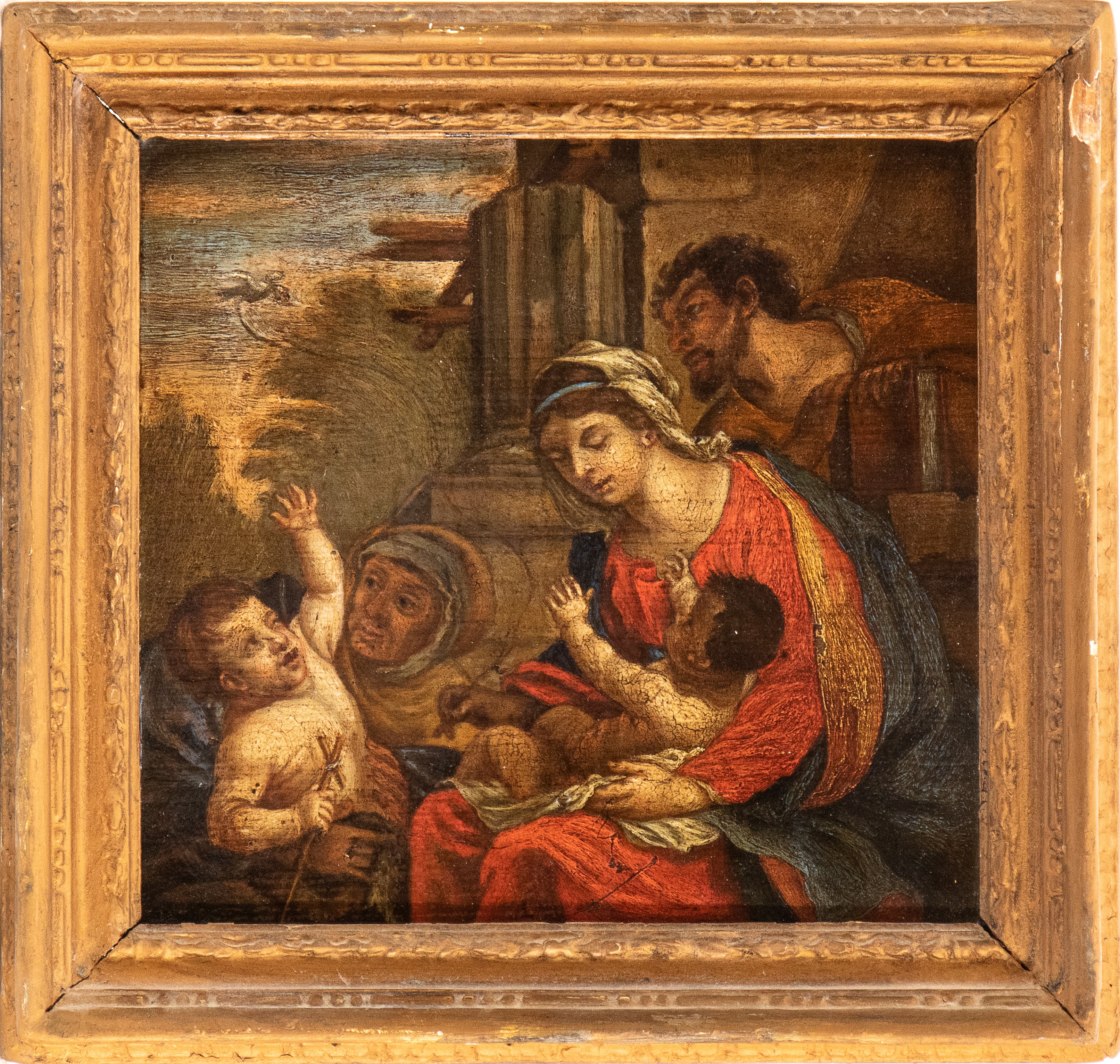 Artista Veneto, XVII Secolo - Sacra Famiglia con San Giovannino e Santa Elisabetta, olio su tavol...