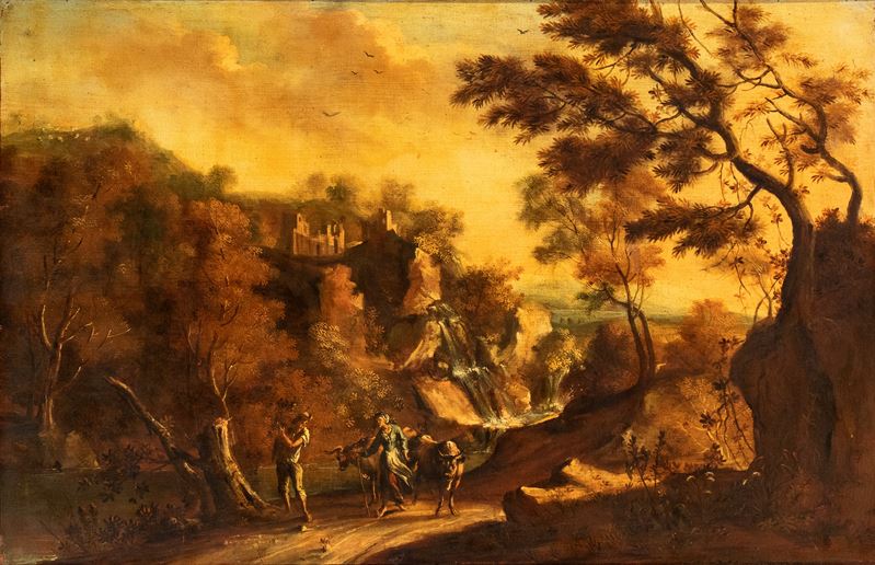 Artista Nord-europeo Attivo in Italia, XVII - XVIII Secolo - Autor sconosciuto, Paesaggio con cop...