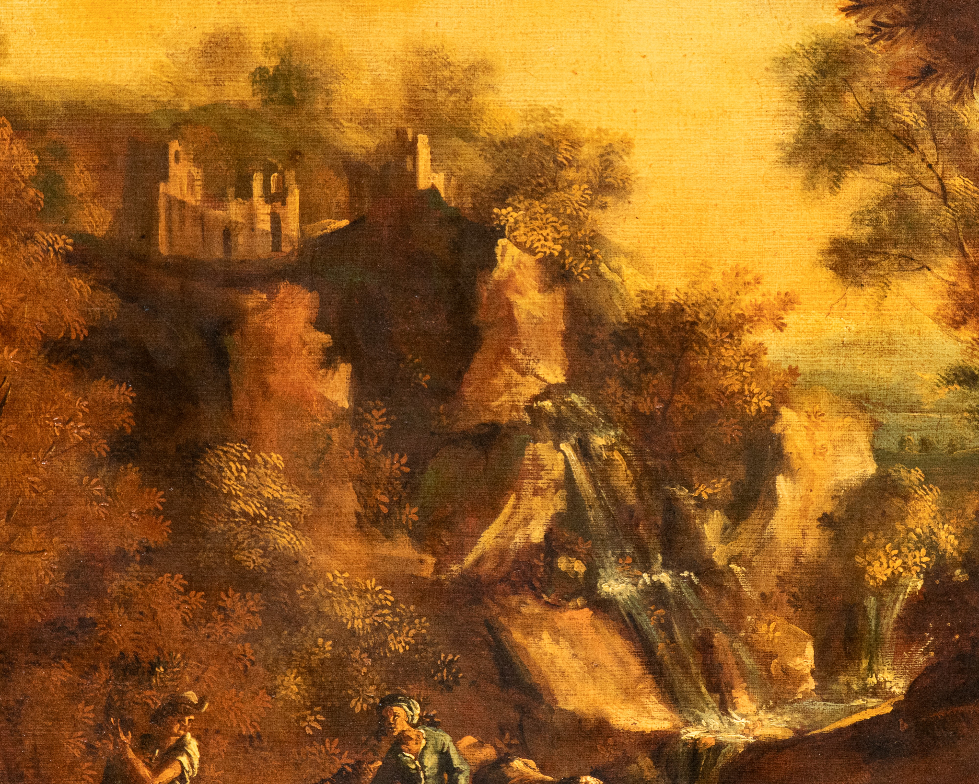 Paesaggio con coppia di pastori, armenti e cascate sullo sfondo