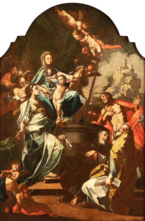 Artista napoletano, XVIII secolo - Enthroned Madonna and Child with angels and saints Angels