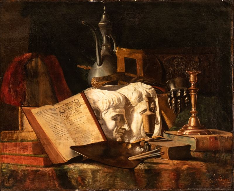 Artista Francese, XIX Secolo - Vanitas con libri, gessi, teiera e tavolozza, olio su tela