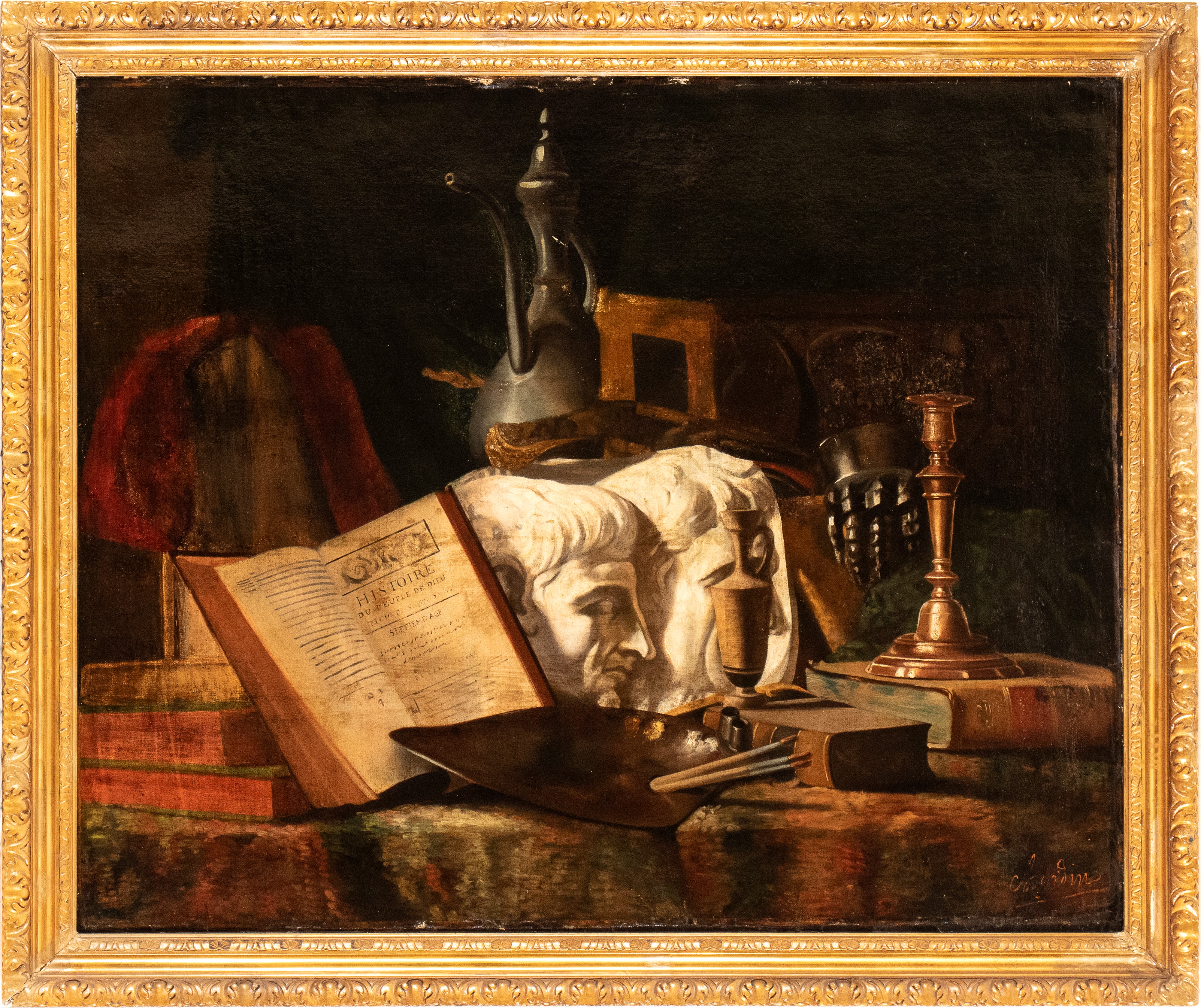 Artista Francese, XIX Secolo - Vanitas con libri, gessi, teiera e tavolozza, olio su tela