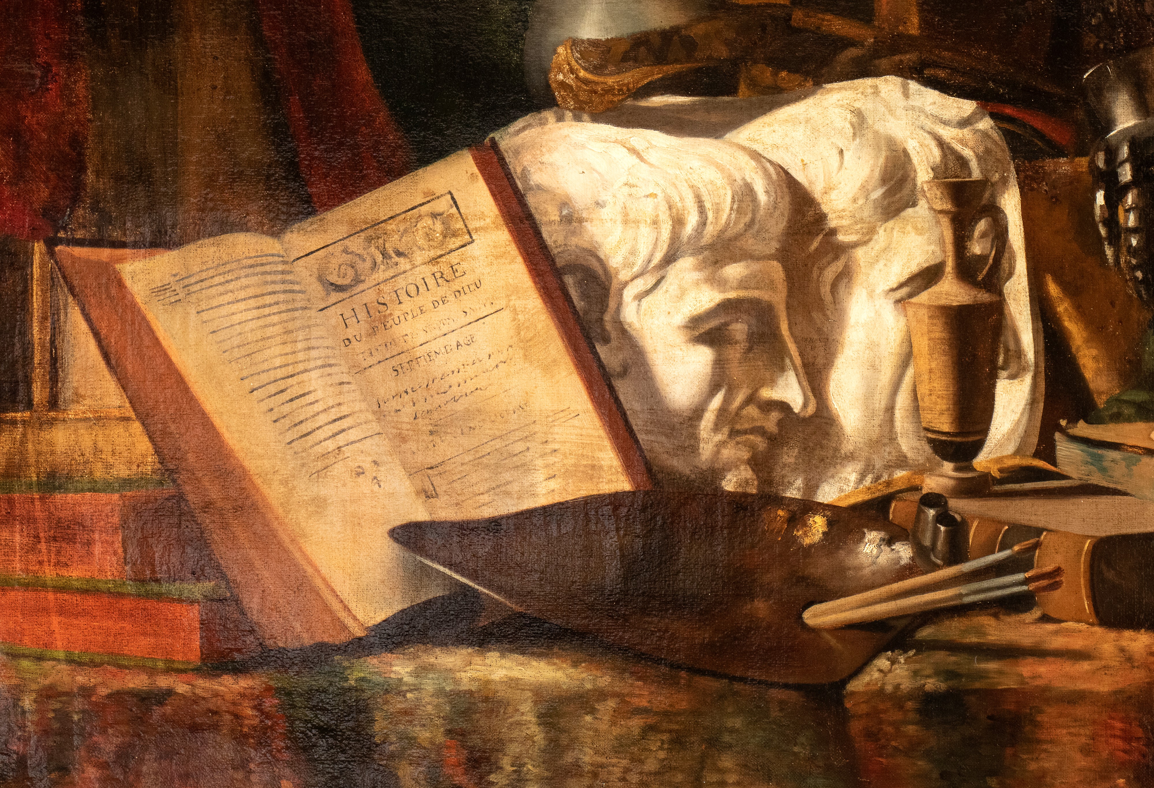Artista Francese, XIX Secolo - Vanitas con libri, gessi, teiera e tavolozza, olio su tela