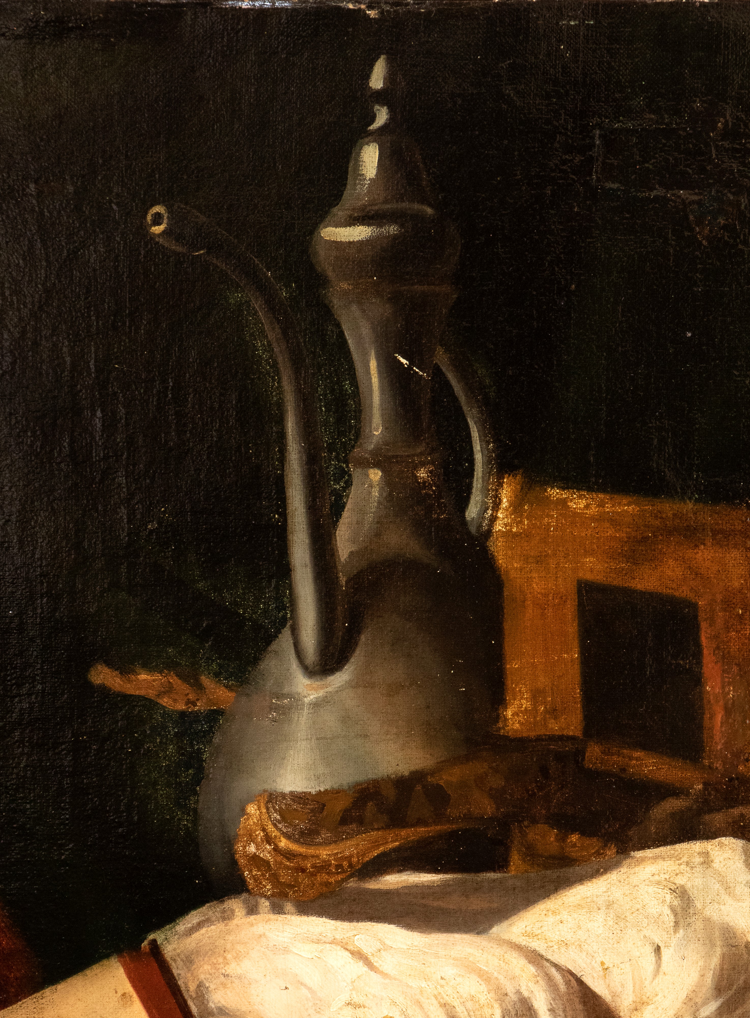 Artista Francese, XIX Secolo - Vanitas con libri, gessi, teiera e tavolozza, olio su tela