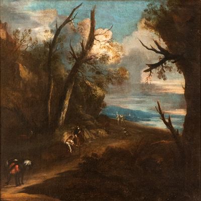 Paesaggio con viandanti, olio su tela