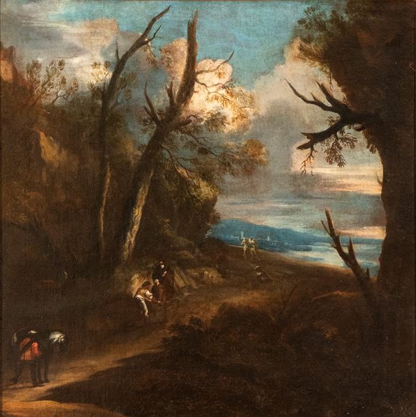 Artista fiammingo, XVIII secolo - Paesaggio con viandanti