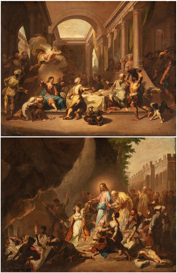 Jean Jouvenet - a) The feast in the House of Simon the Pharisee; b) The Resurrection of Lazarus. Pair of paintings