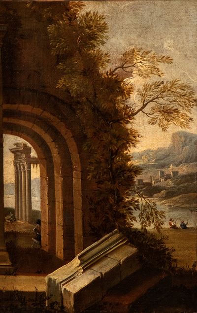 Autore sconosciuto, Paesaggio con architettura, olio su tela