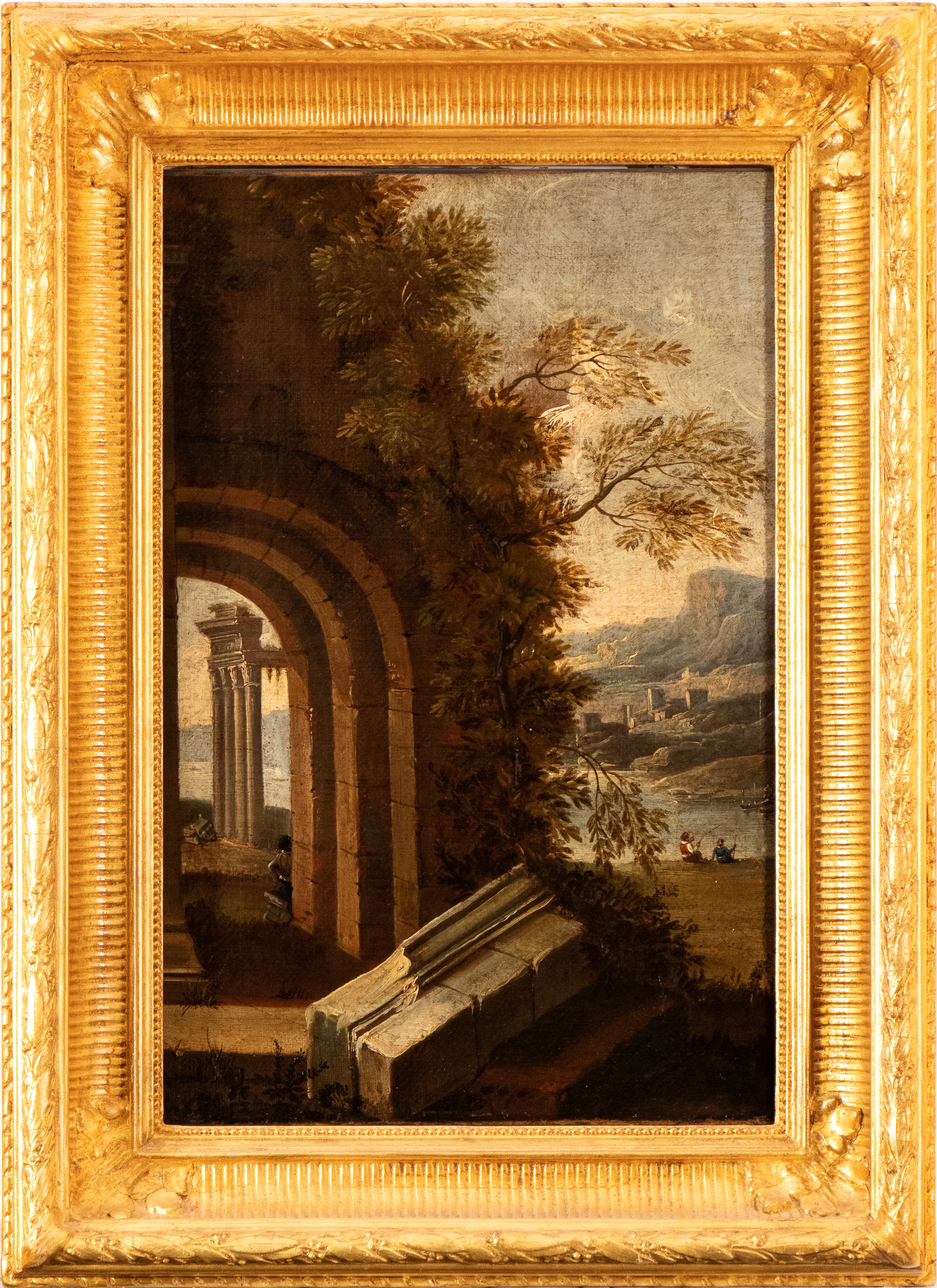 Artista Attivo a Roma, XVIII Secolo - Autore sconosciuto, Paesaggio con architettura, olio su tel...