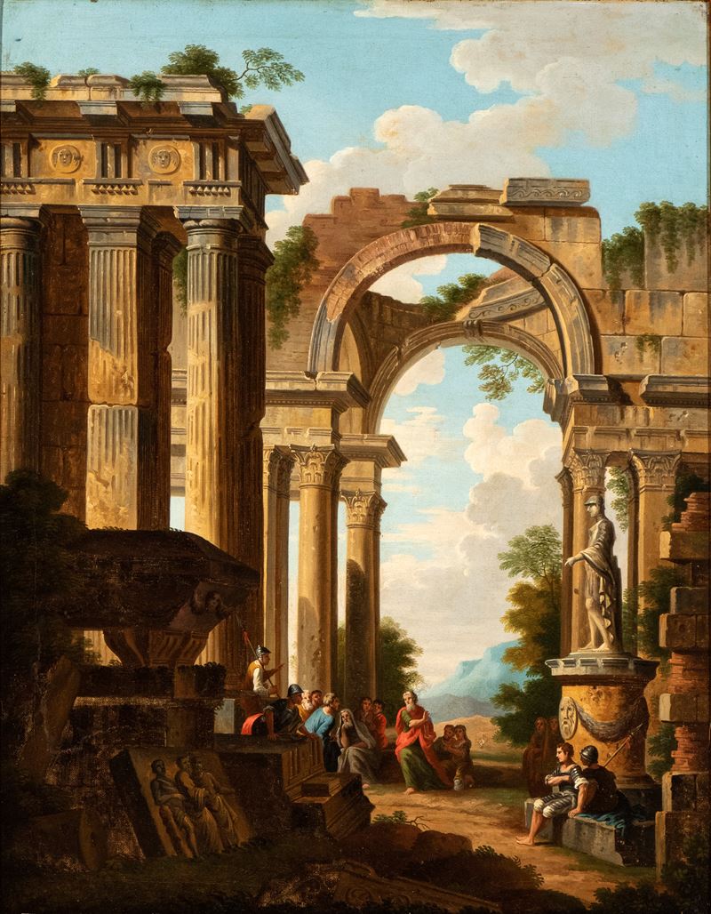 Giovanni Paolo Panini - Paesaggio con rovine classiche e predica di San Pietro, olio su tela