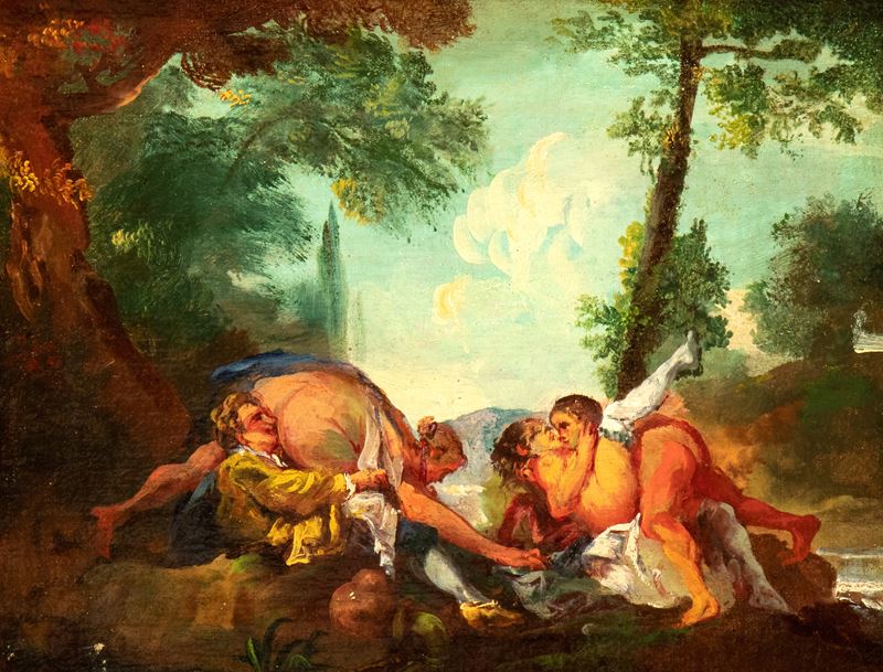 Artista Francese, Fine XVIII - Inizio XIX Secolo - Scena erotica in un paesaggio, olio su tela