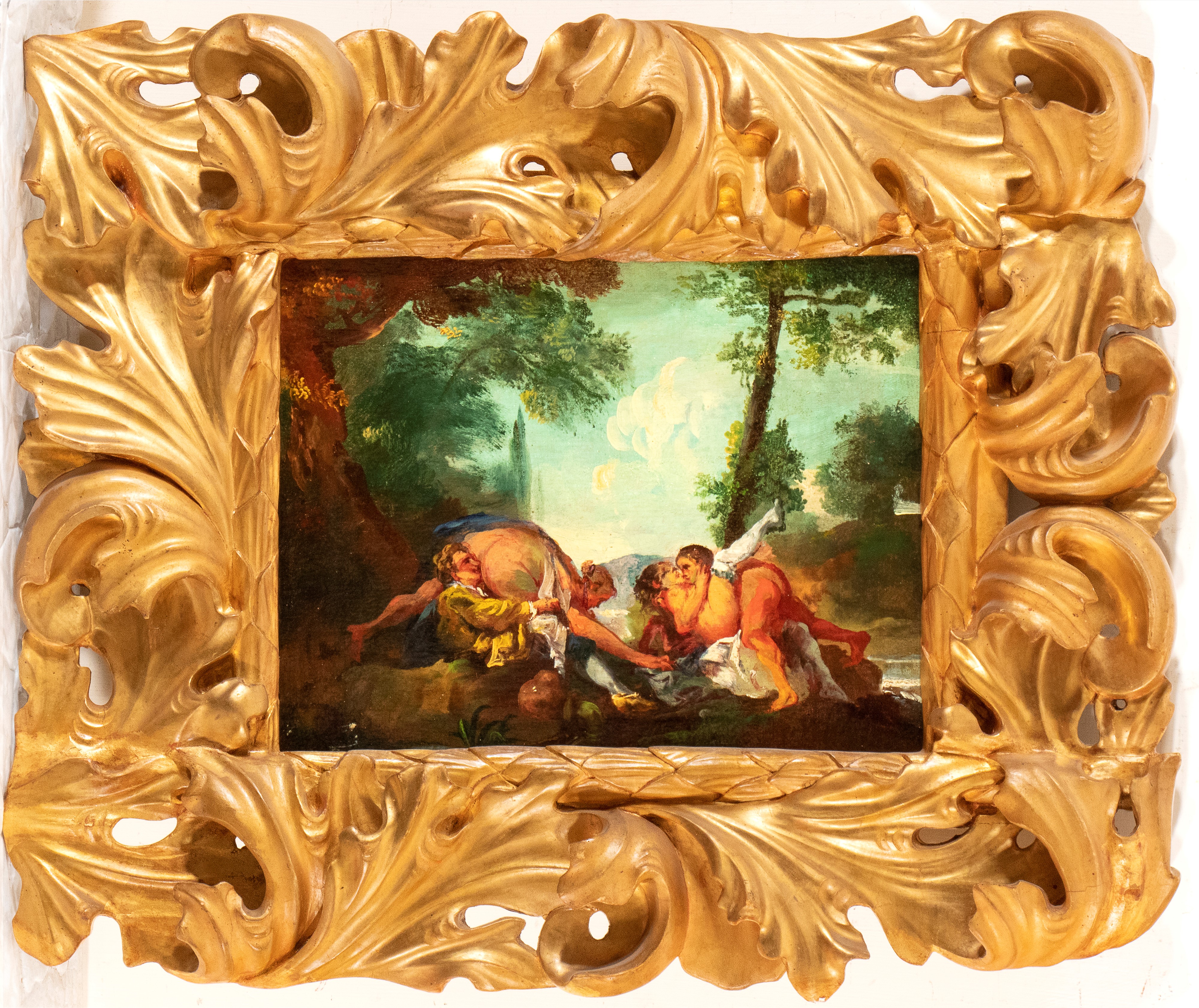 Artista Francese, Fine XVIII - Inizio XIX Secolo - Scena erotica in un paesaggio, olio su tela