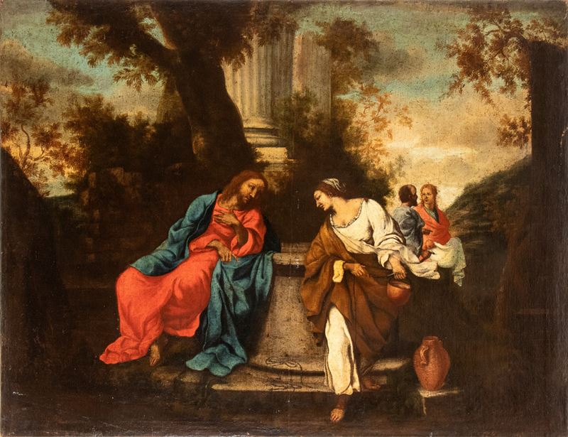 Artista Emiliano, XVII Secolo - Cristo e la Samaritana al pozzo, olio su tela, cm 110x141