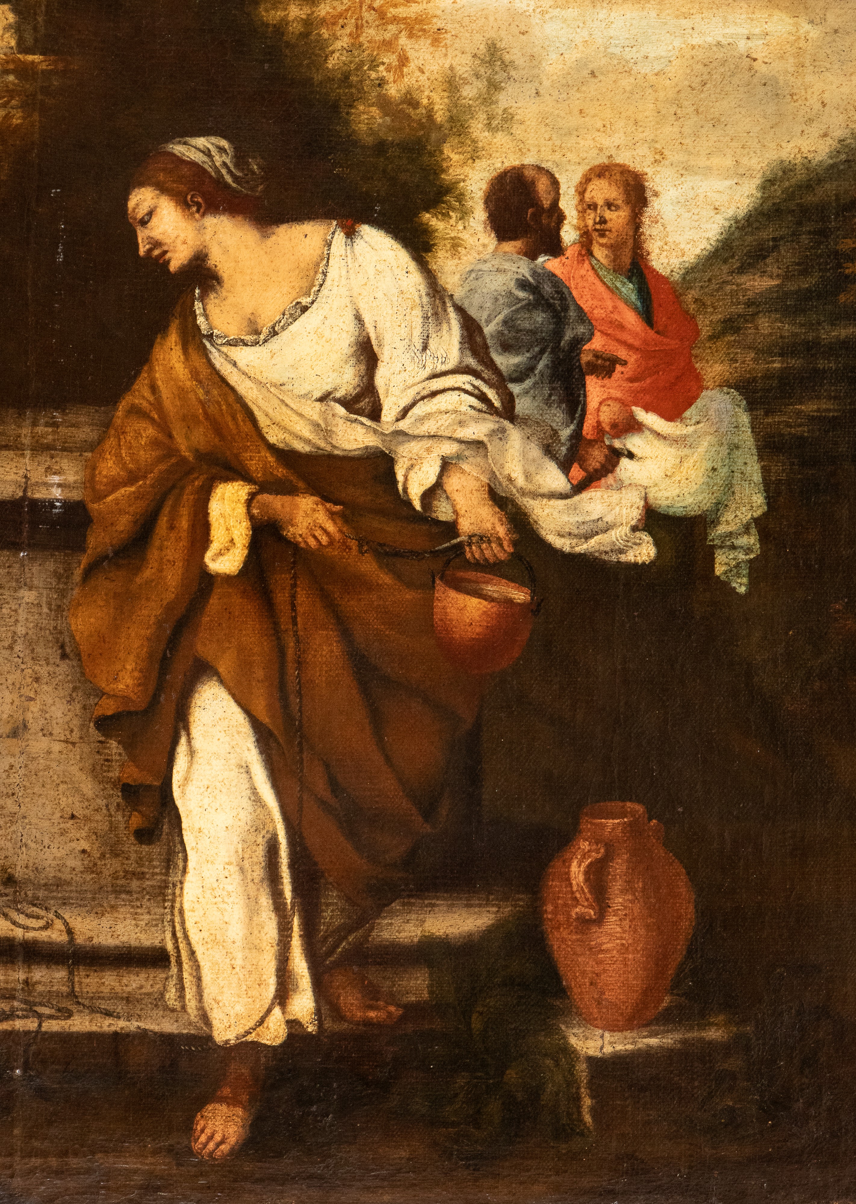Artista Emiliano, XVII Secolo - Cristo e la Samaritana al pozzo, olio su tela, cm 110x141