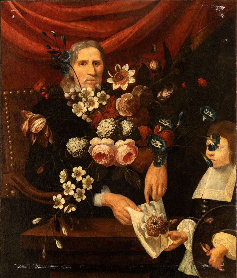 Artista Emiliano, XVII - XVIII Secolo - Doppio ritratto con bouquet di fiori, olio su tela
