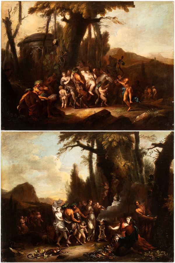 Artista attivo a Roma, seconda met&#224; XVII secolo - a) Bacchanal with drunken Bacchus; b) Bacchanal with a sacrifice scene. A pair of paintings