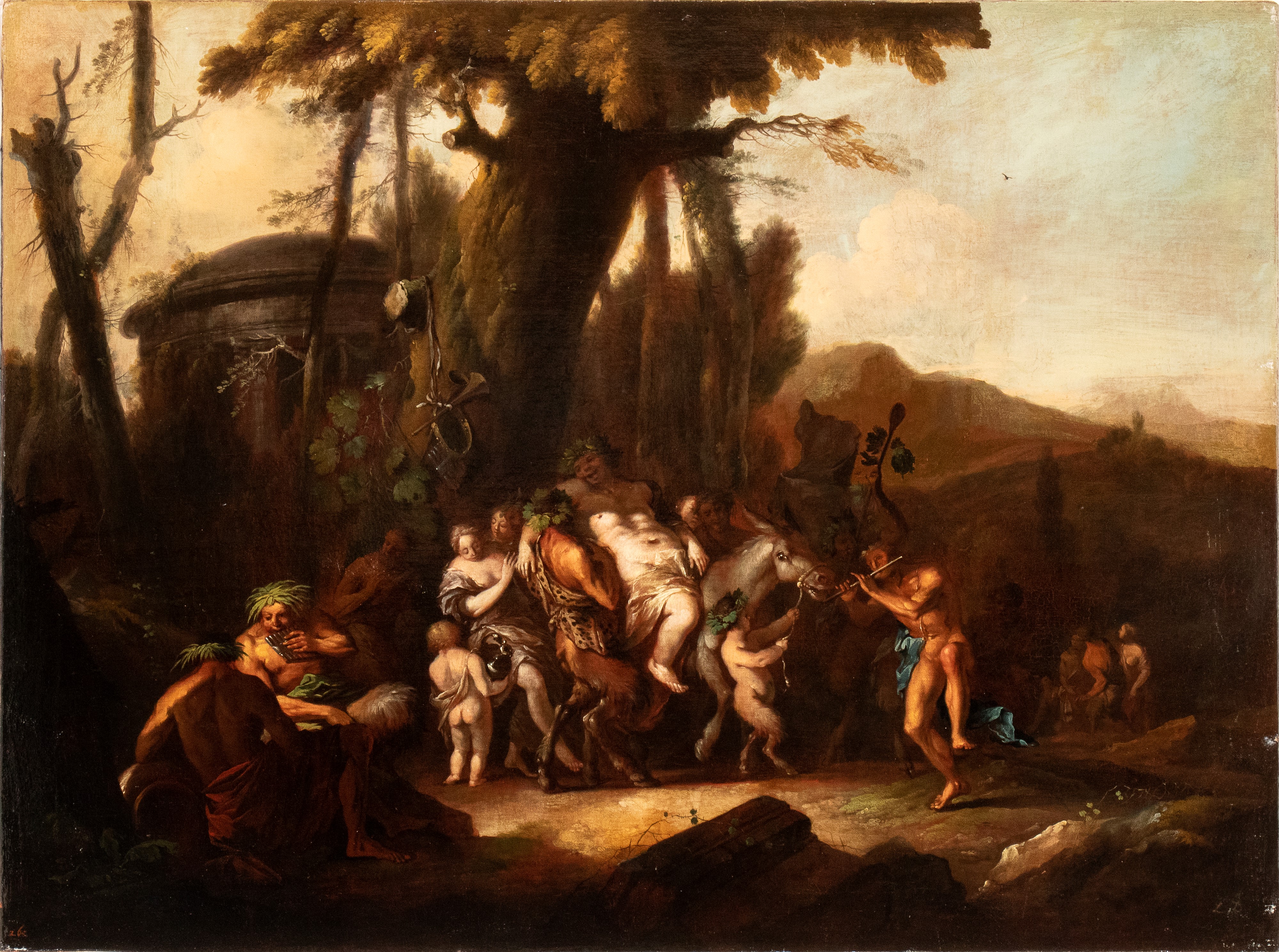 a) Baccanale con Bacco ubriaco; b) Baccanale con scena di sacrificio. Coppia di dipinti