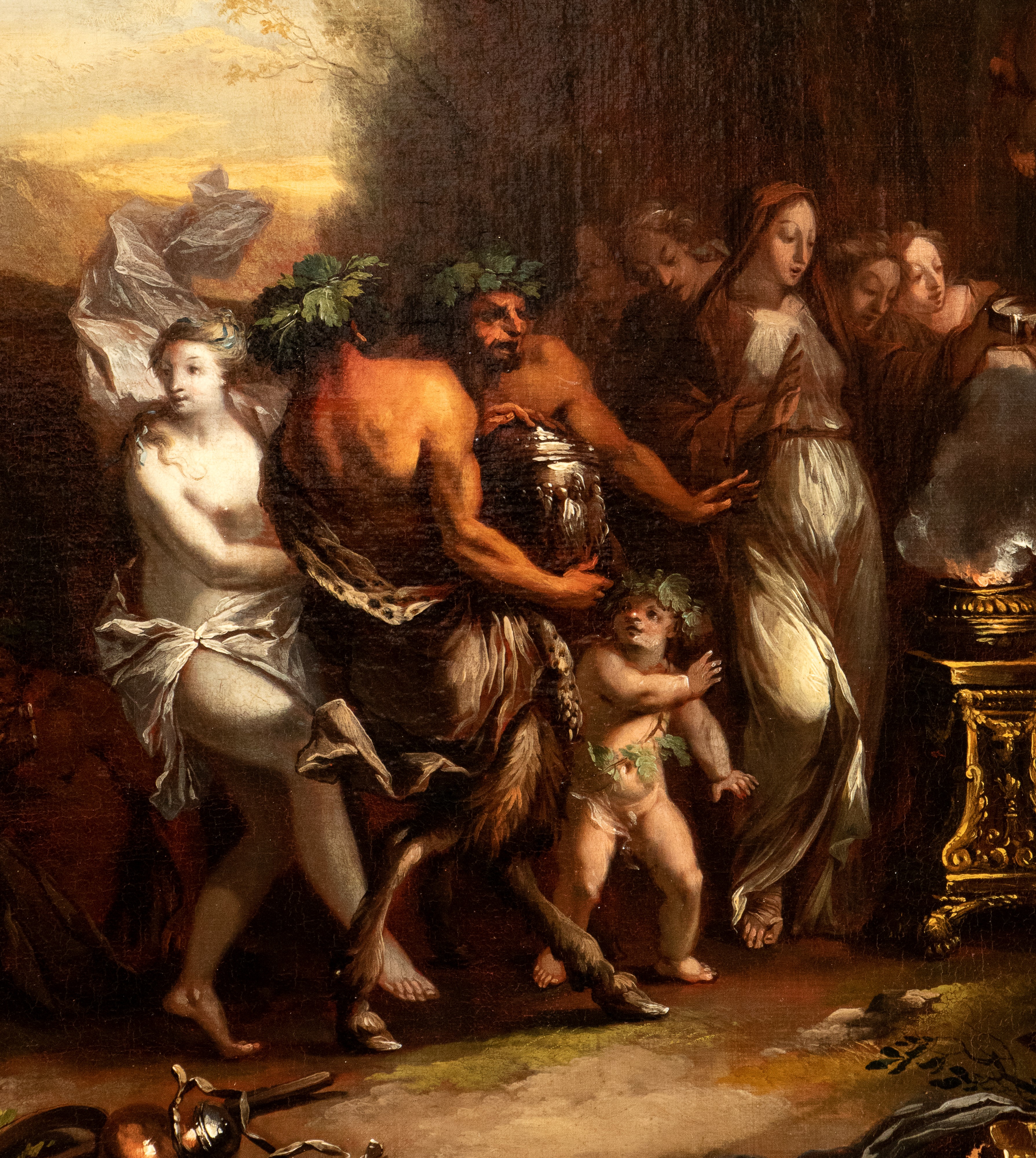 a) Baccanale con Bacco ubriaco; b) Baccanale con scena di sacrificio. Coppia di dipinti