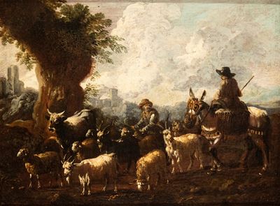 Paesaggio con pastori e armenti, olio su tela